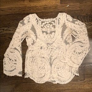 White lace on sheer white mesh blouse